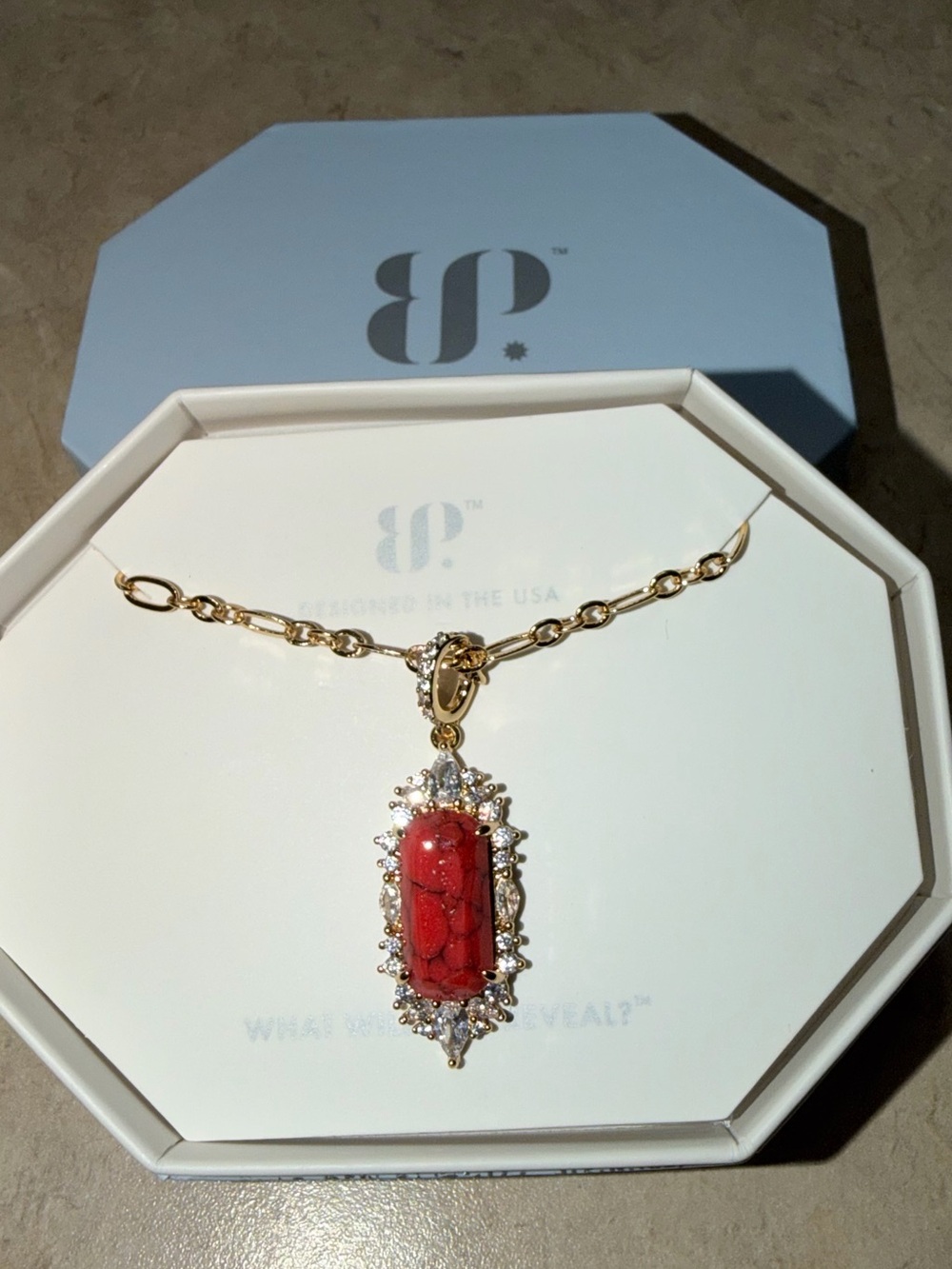 Bomb Party New OG Necklace-Capri Drop Red Coral Magnesite on Gold NK17458